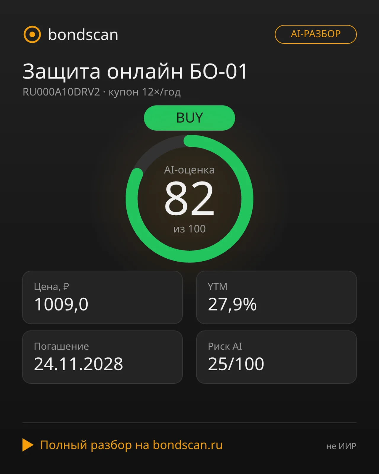 RU000A10DRV2 - Защита онлайн БО-01: доходность 27,9% при рейтинге AA+