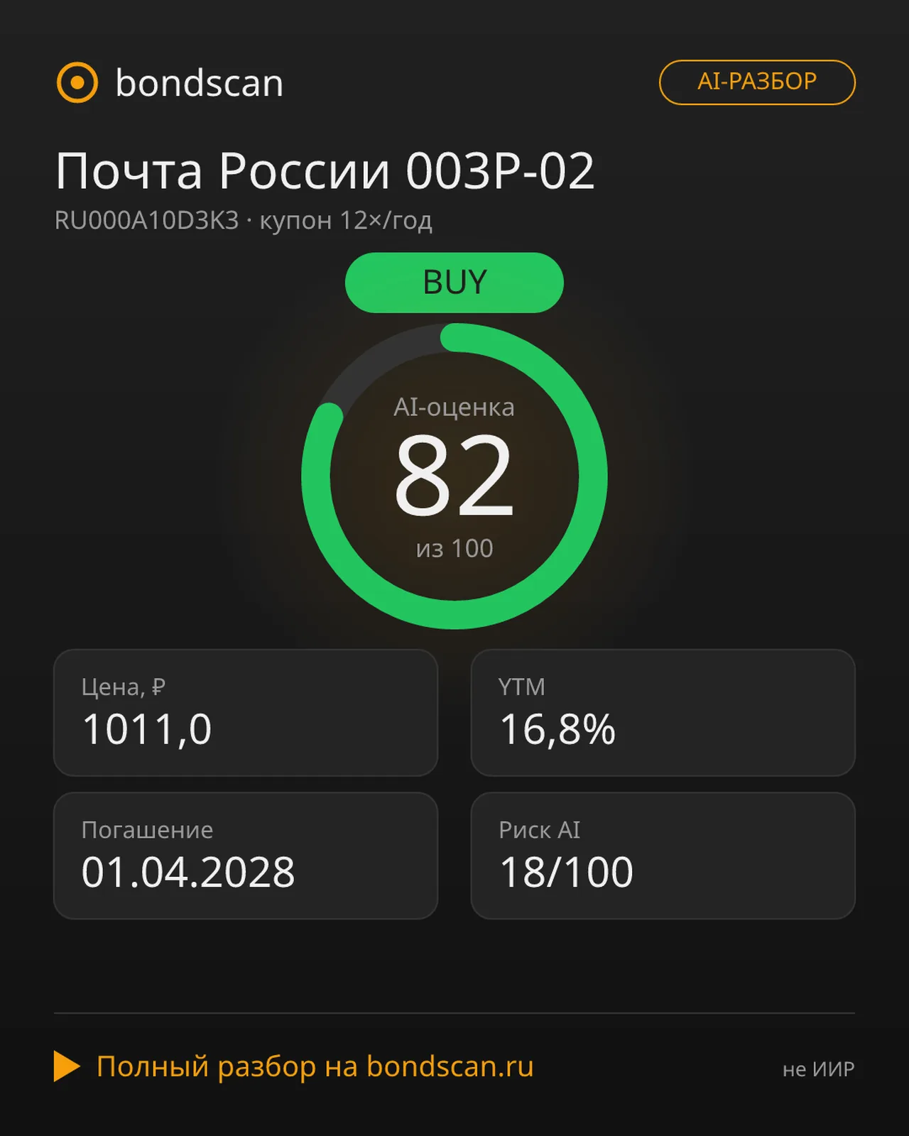 RU000A10D3K3 - Почта России 003P-02: AI-разбор облигации для портфеля квалифицированного инвестора
