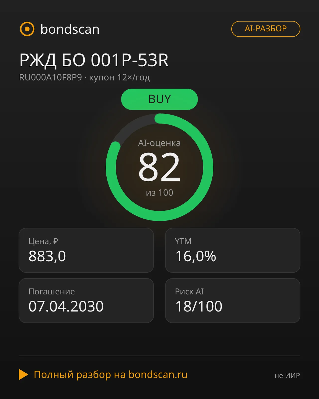 РЖД БО 001P-53R (RU000A10F8P9): гособлигация с доходностью 16% и дисконтом 11,7%